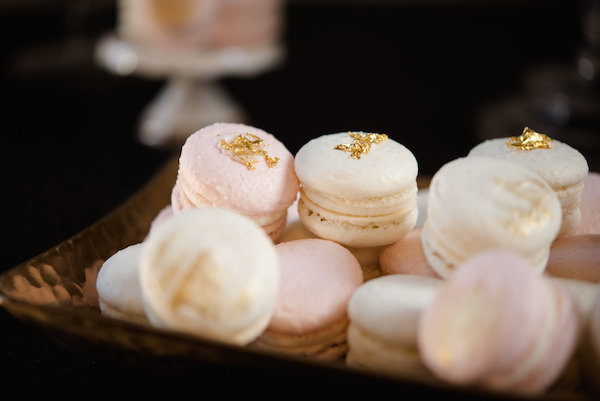 Blush and white macarons with gold leaf