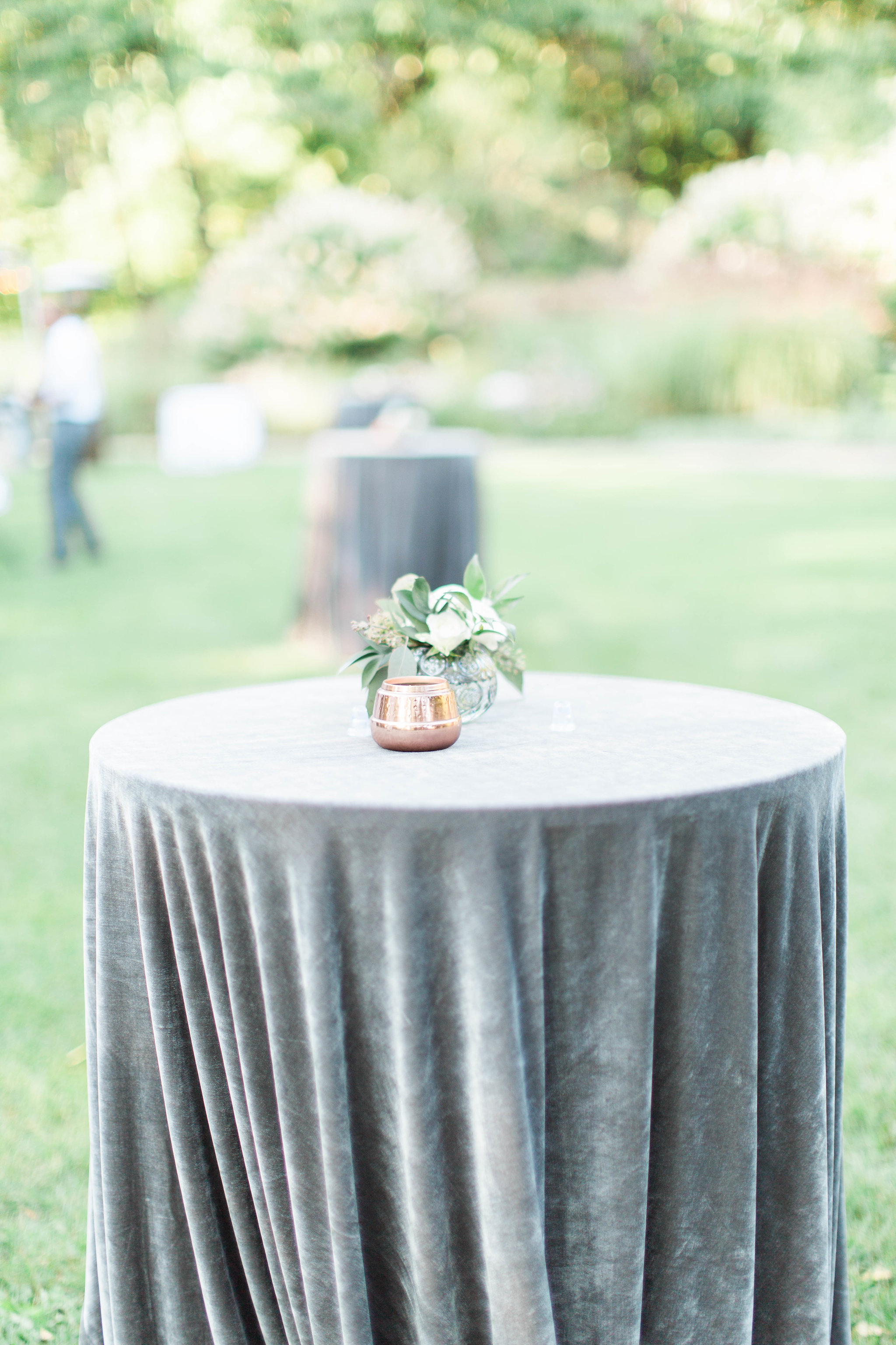 Grey velvet cocktail table linens for wedding