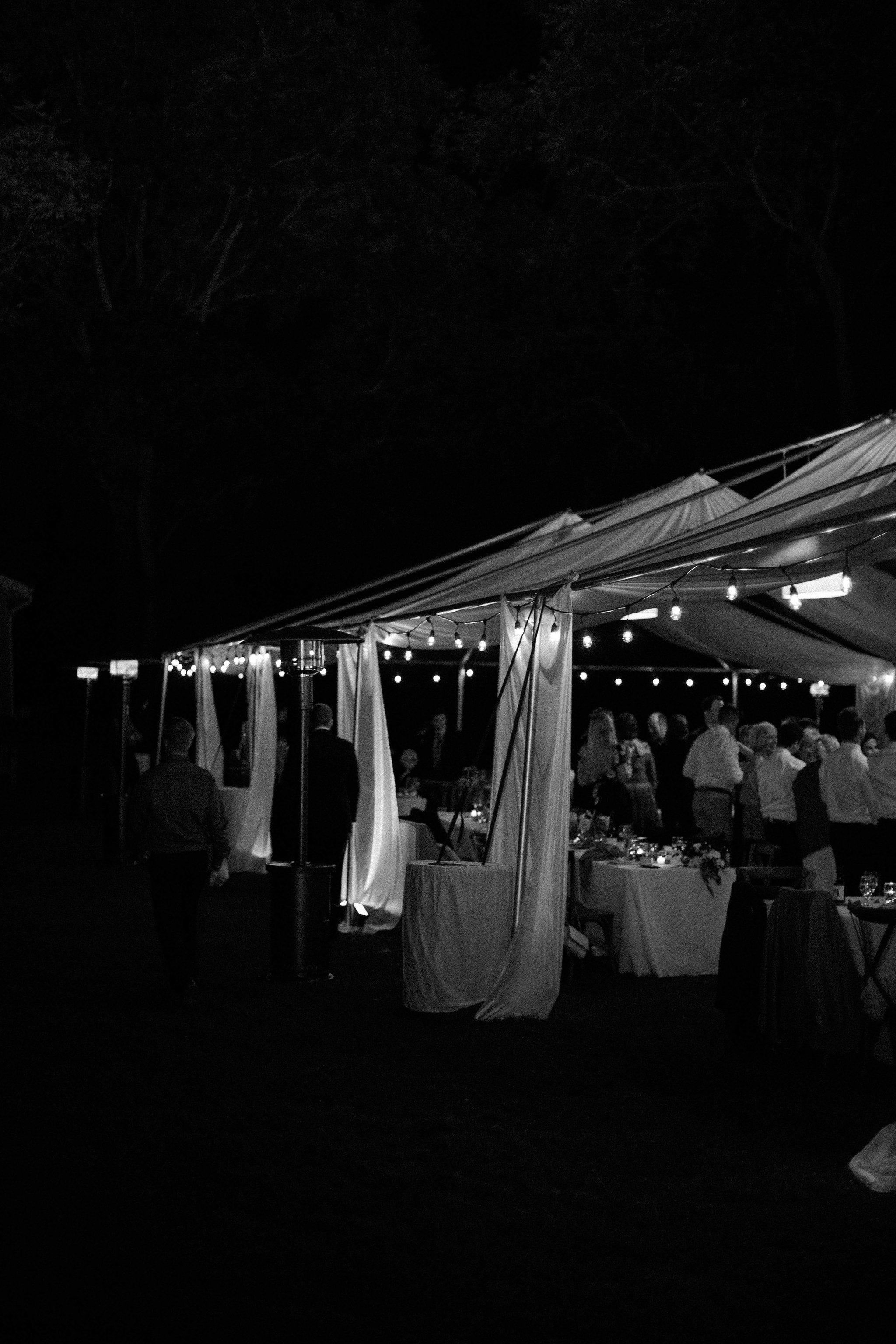 Wedding tent at night at Fernwood Botanical Garden and Nature Preserve