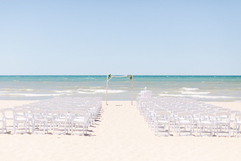 Ceremony wedding set up on Jean Klock Beach