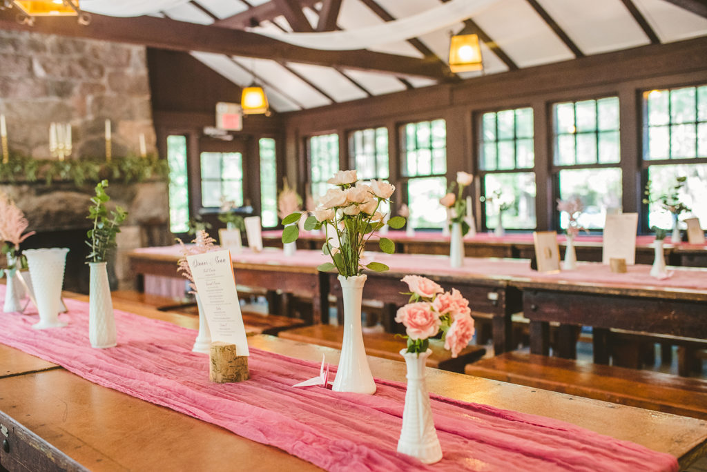 The Lodge decorated with flowers for a Long Lake Outdoor Center wedding