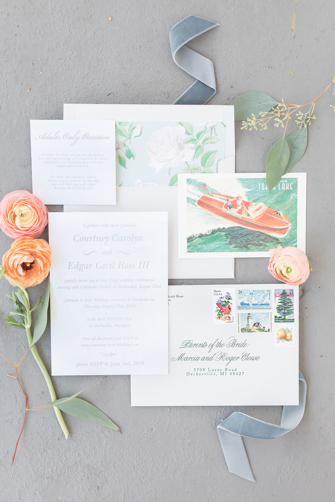 Lake wedding themed invitation suite