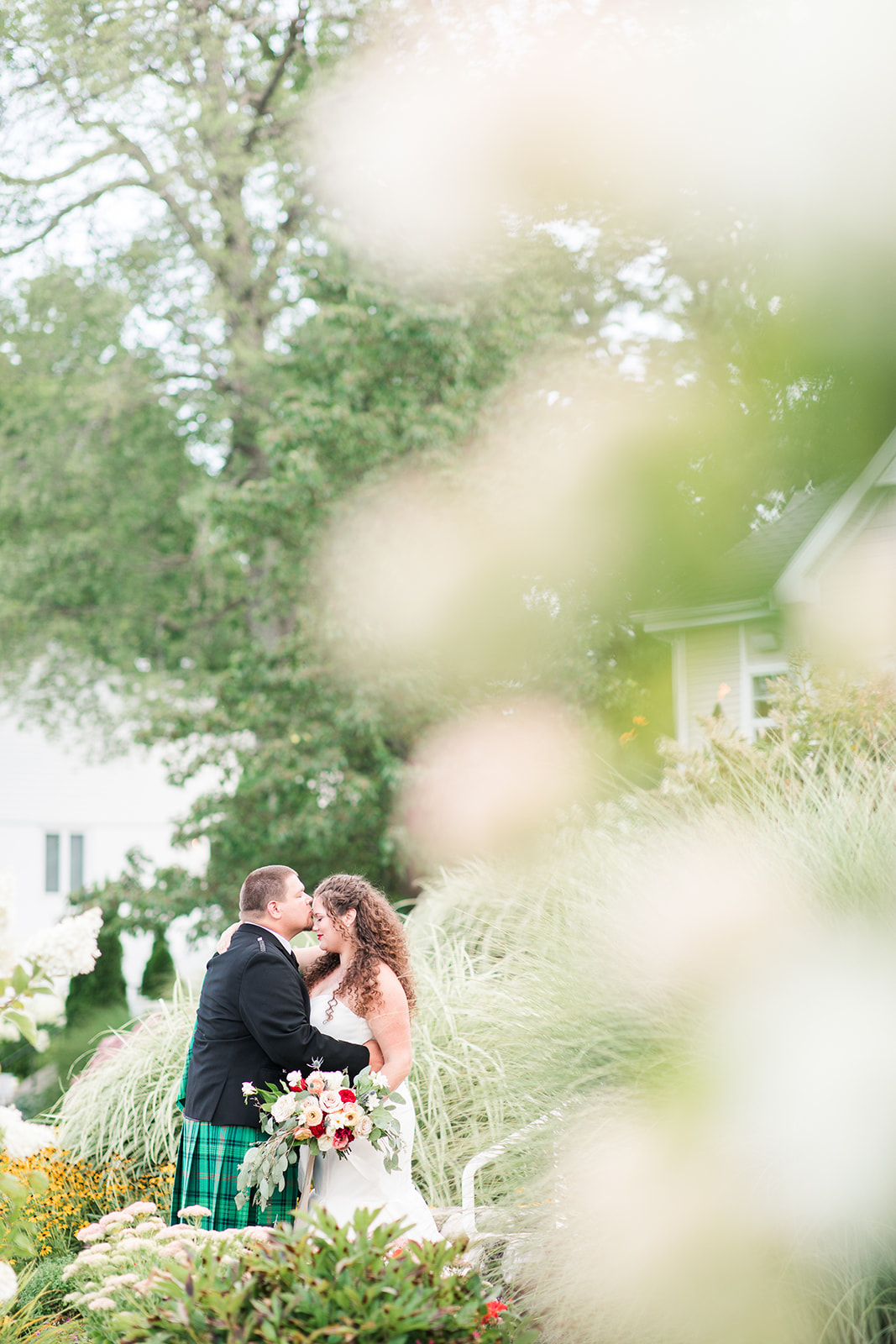 Bride and groom share their first look before their Shelbyville, Michigan wedding