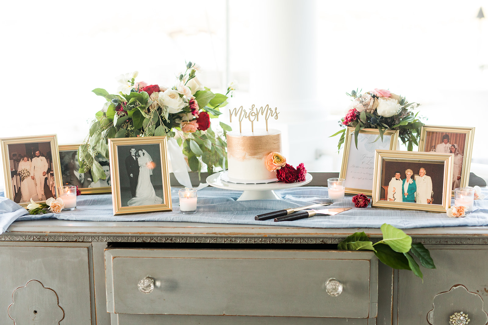 Dessert and memory table at an outdoor wedding in Shelbyville, Michigan