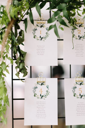 A industrial escort card display with wild greenery
