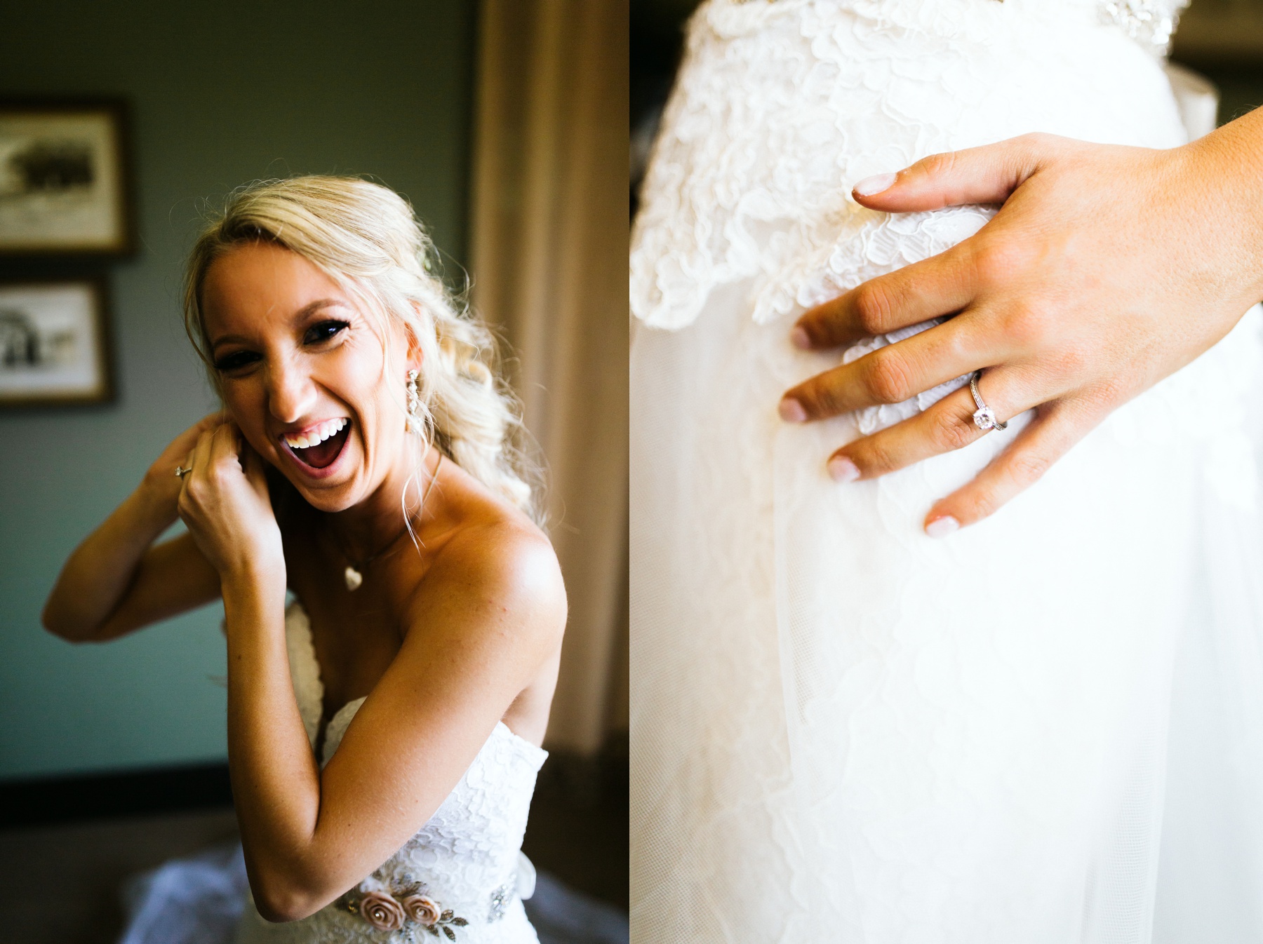 Bride smiling as she puts on her dress before her wedding in Spring Lake, Michigan