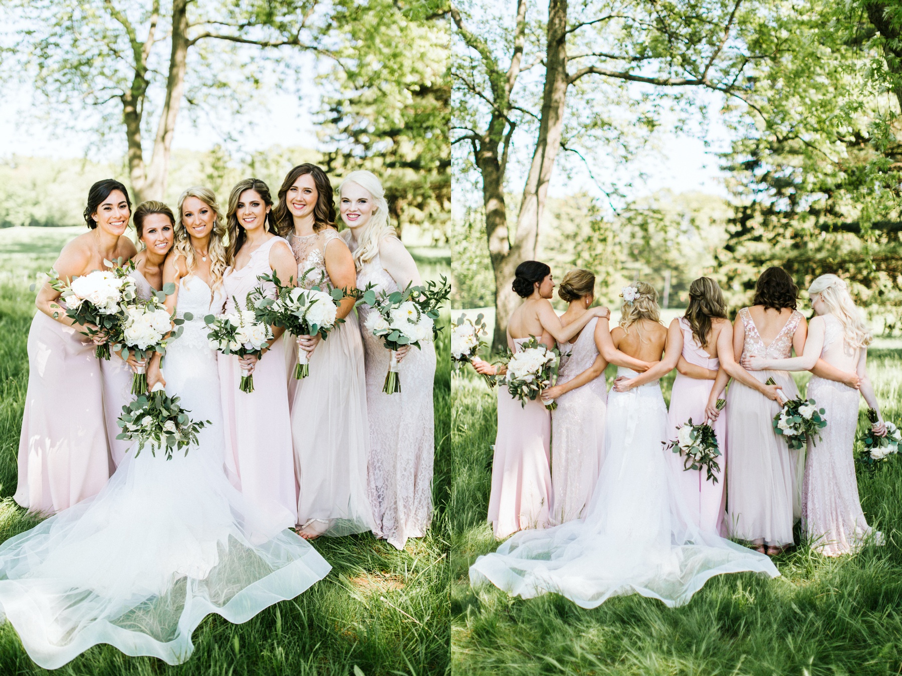 A bride and her bridesmaids smiling before her Michigan wedding
