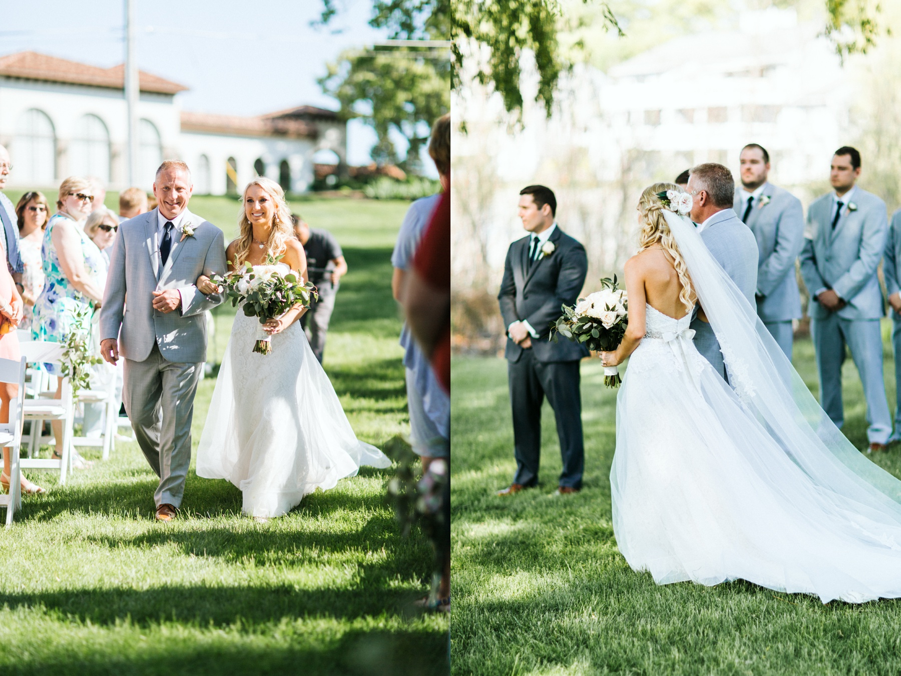 A bride and her father walking down the aisle during a spring lake country club wedding