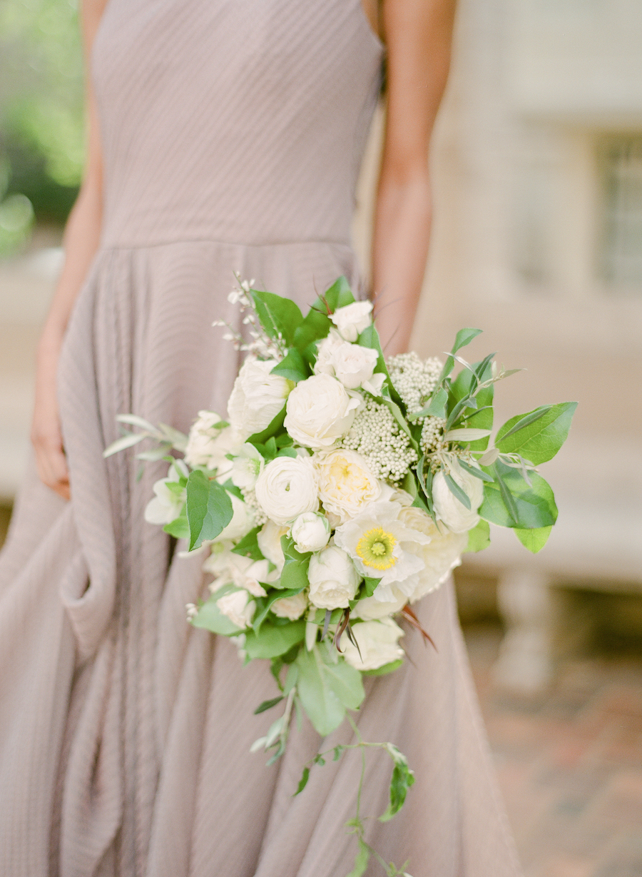 A white and green bridal bouquet