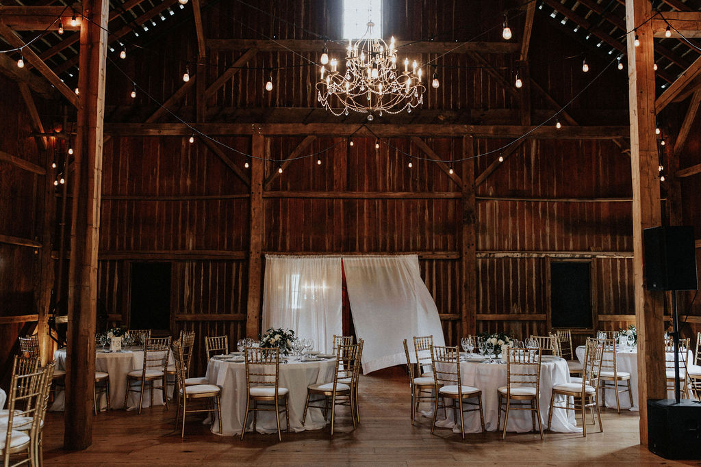 Reception set for a Hidden Vineyard Wedding Barn wedding.