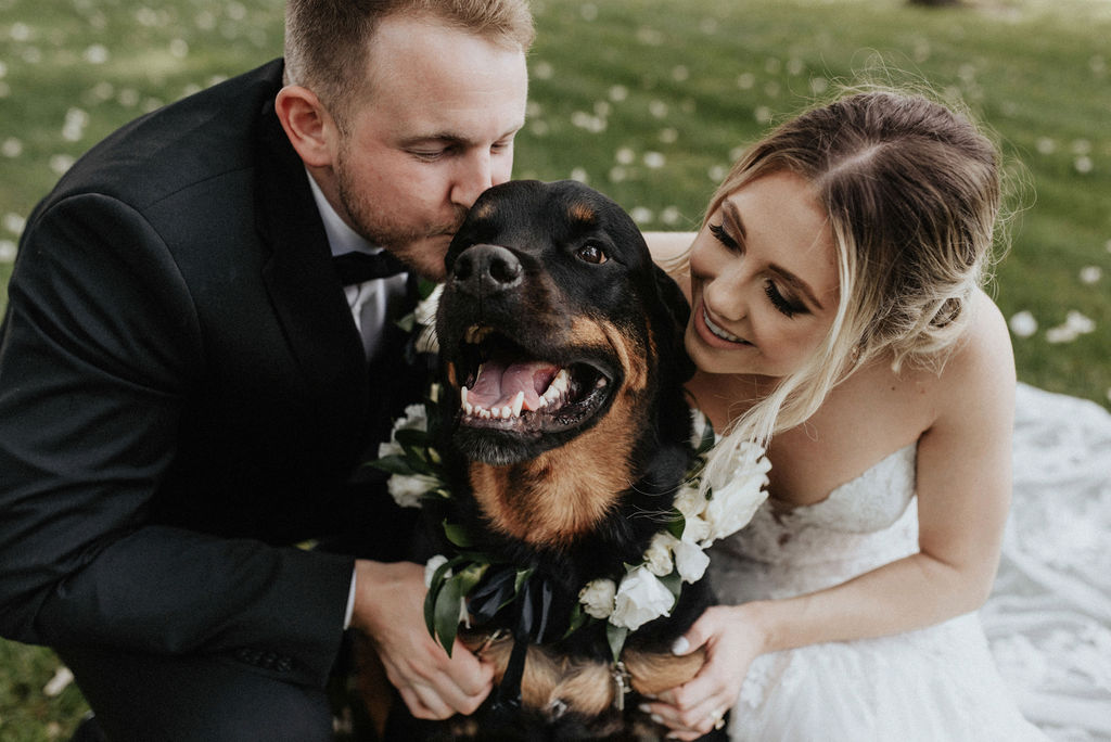 A couple smiling with their dog