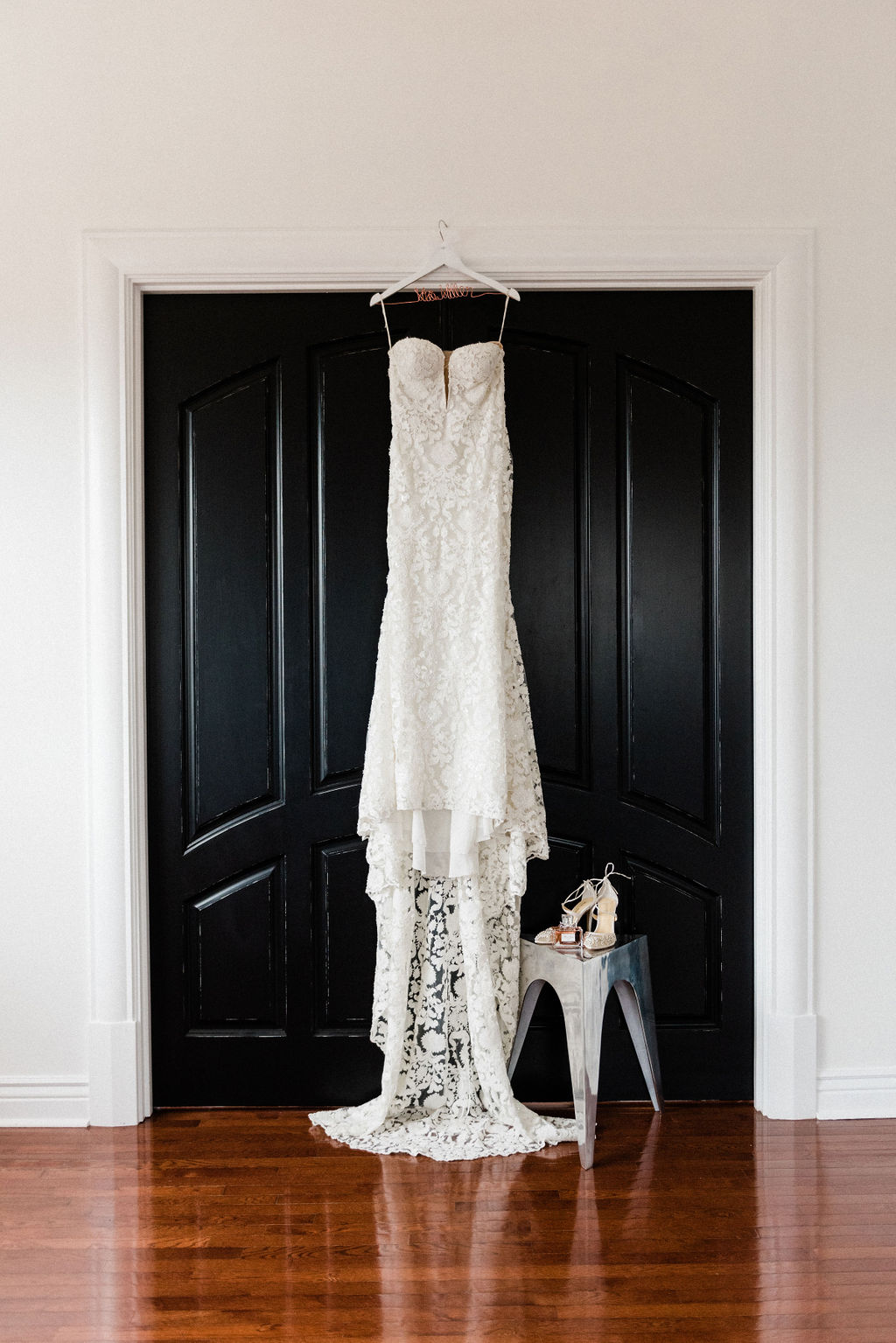 A bridal gown hanging