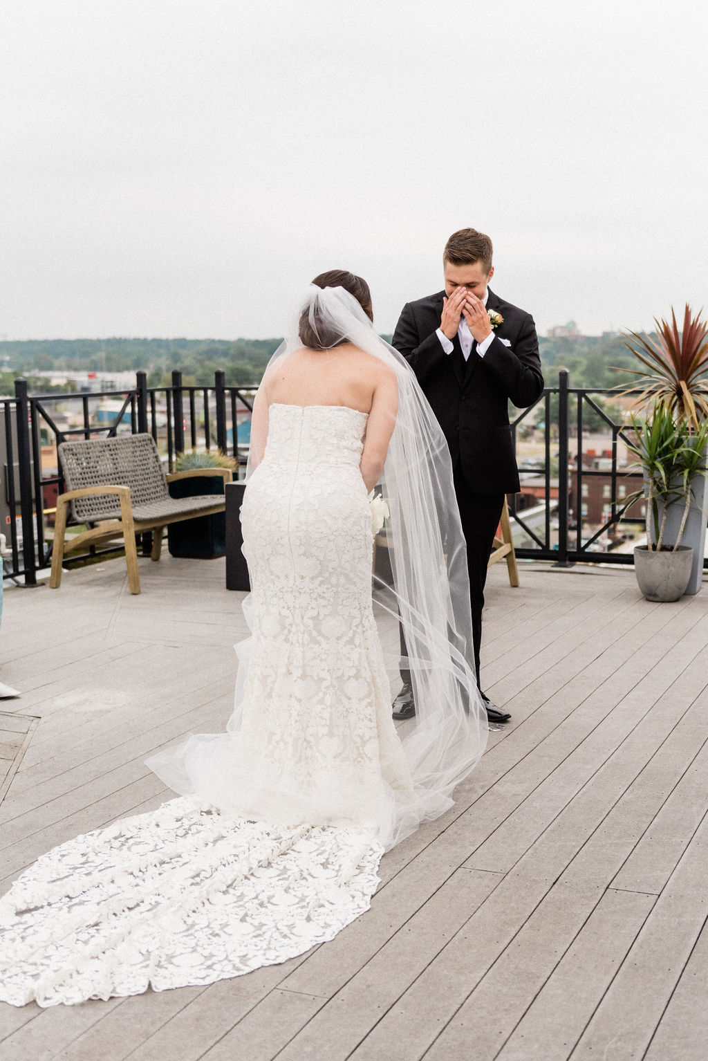 A bride and groom sharing a first look