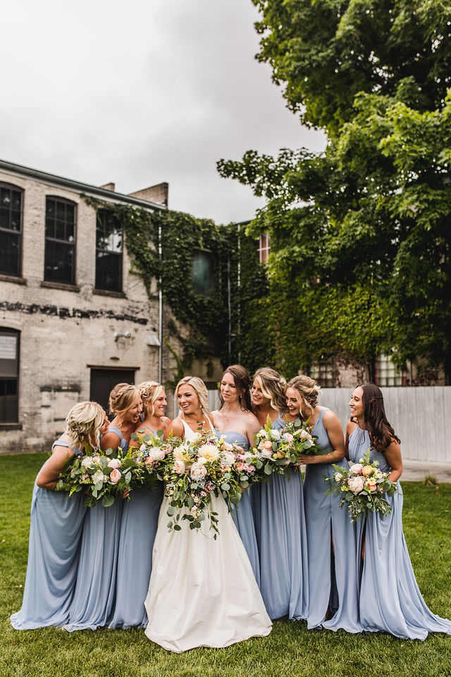 Bride and bridesmaids with bouquets at Southwest Michigan wedding venue