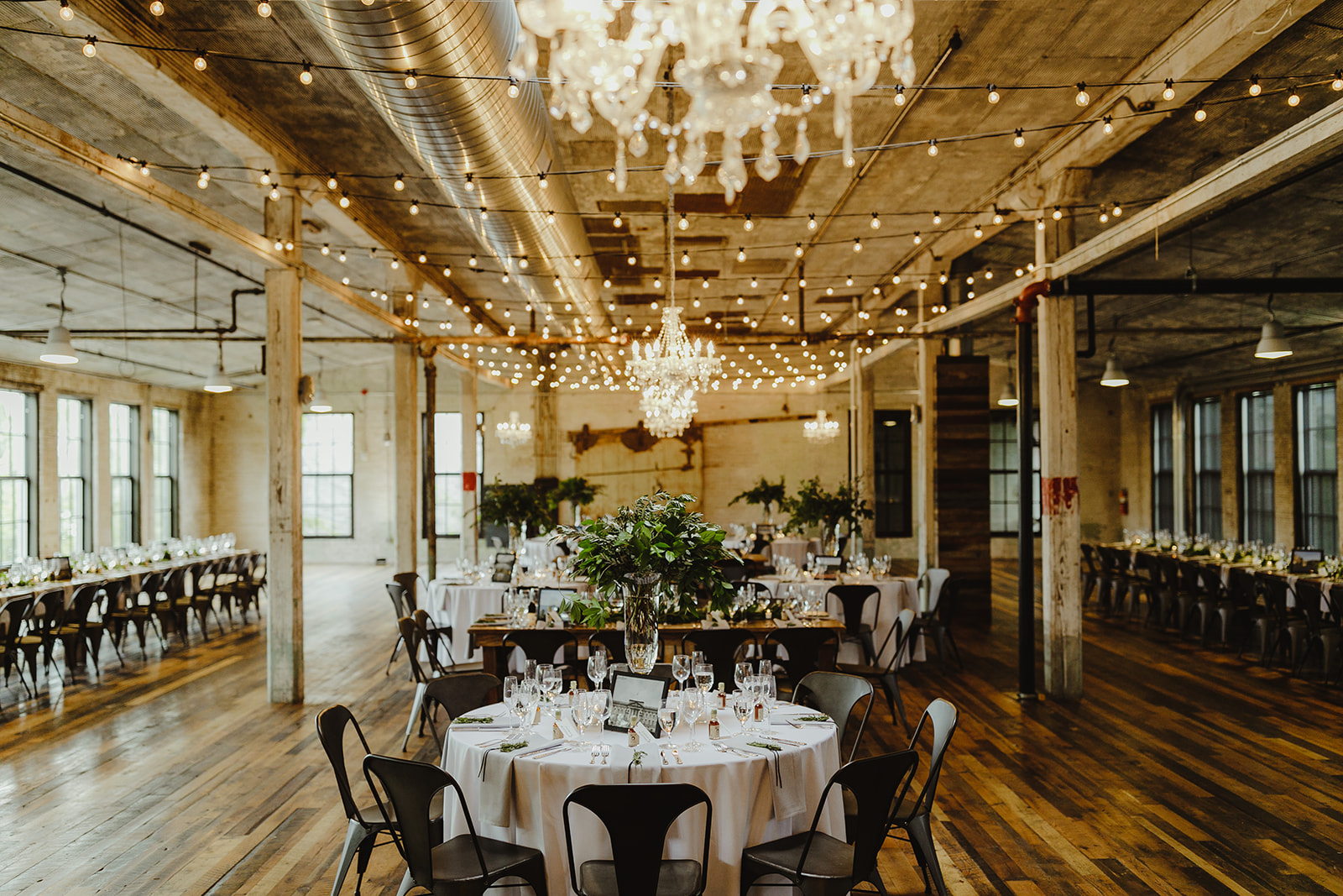 Tables set for a Journeyman Distillery wedding