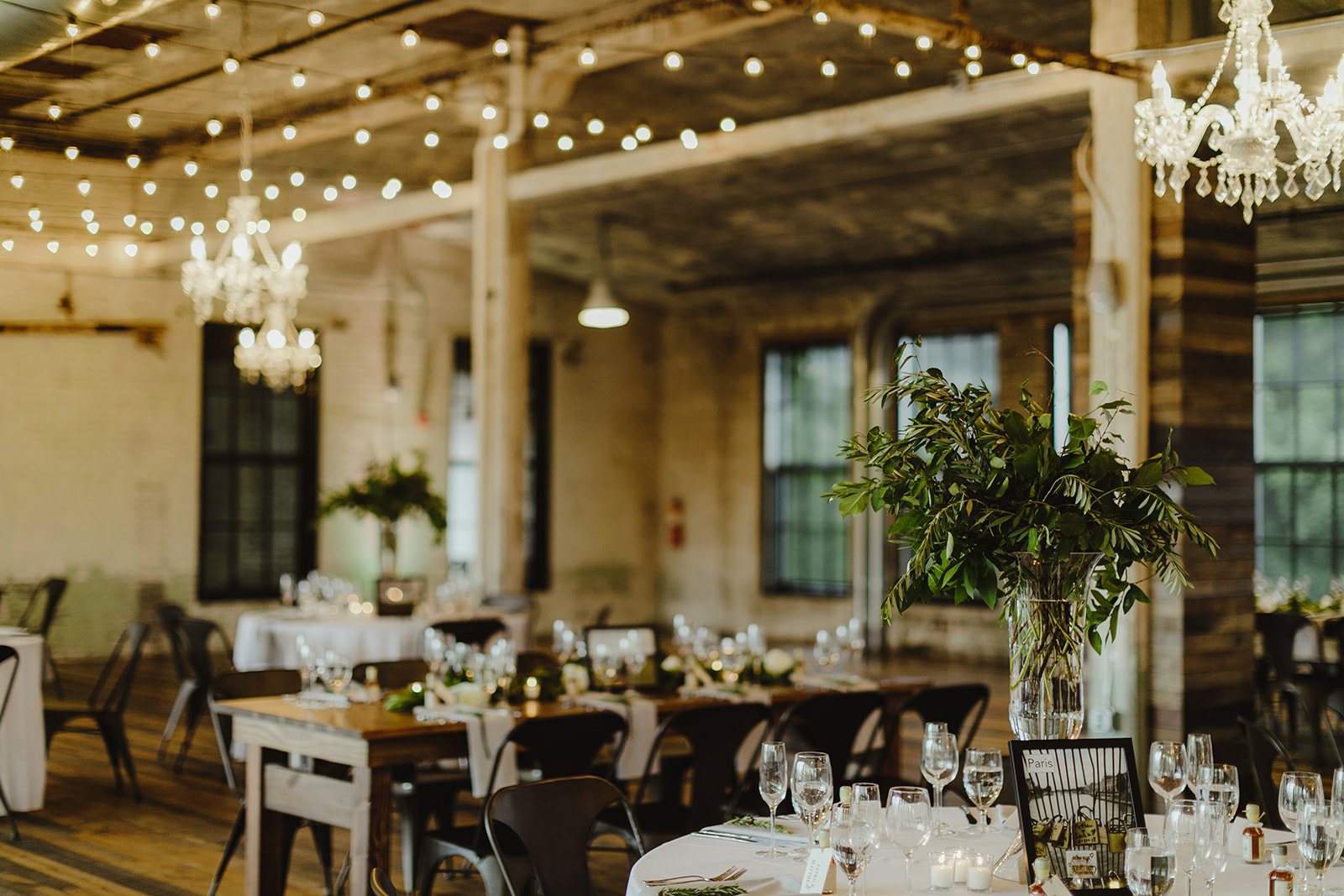Reception tables for a Journeyman Distillery wedding