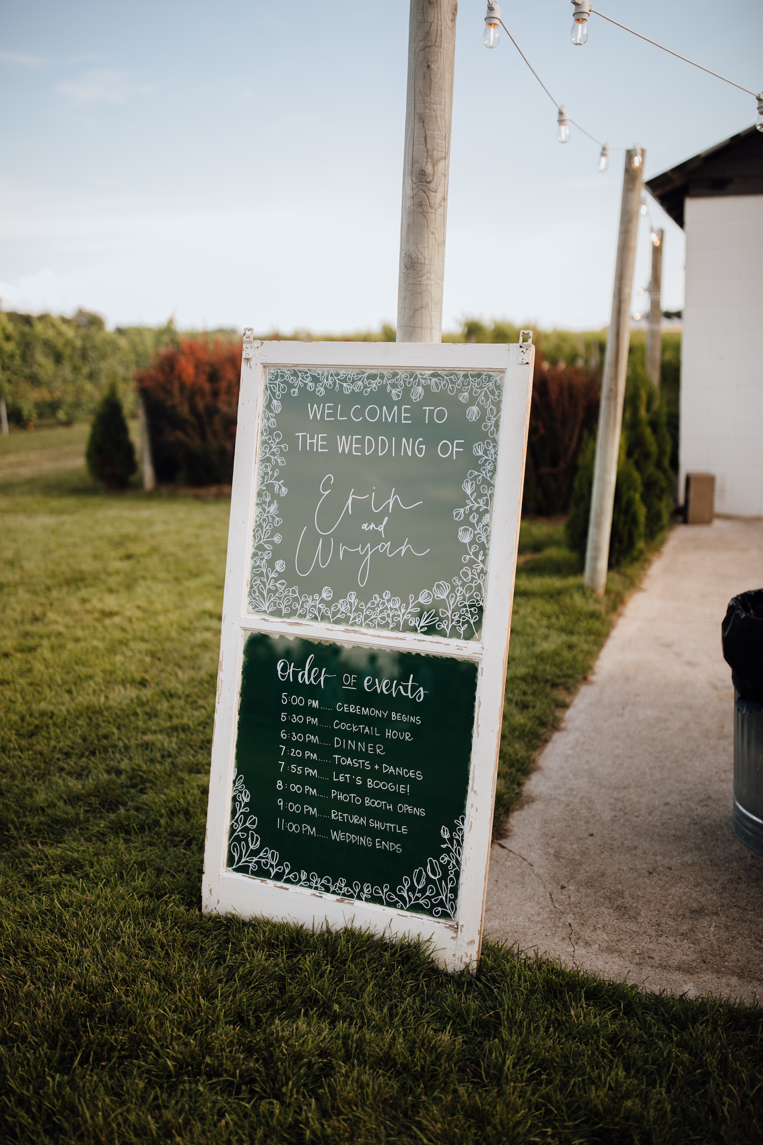 Order of events sign at Aurora Cellars wedding