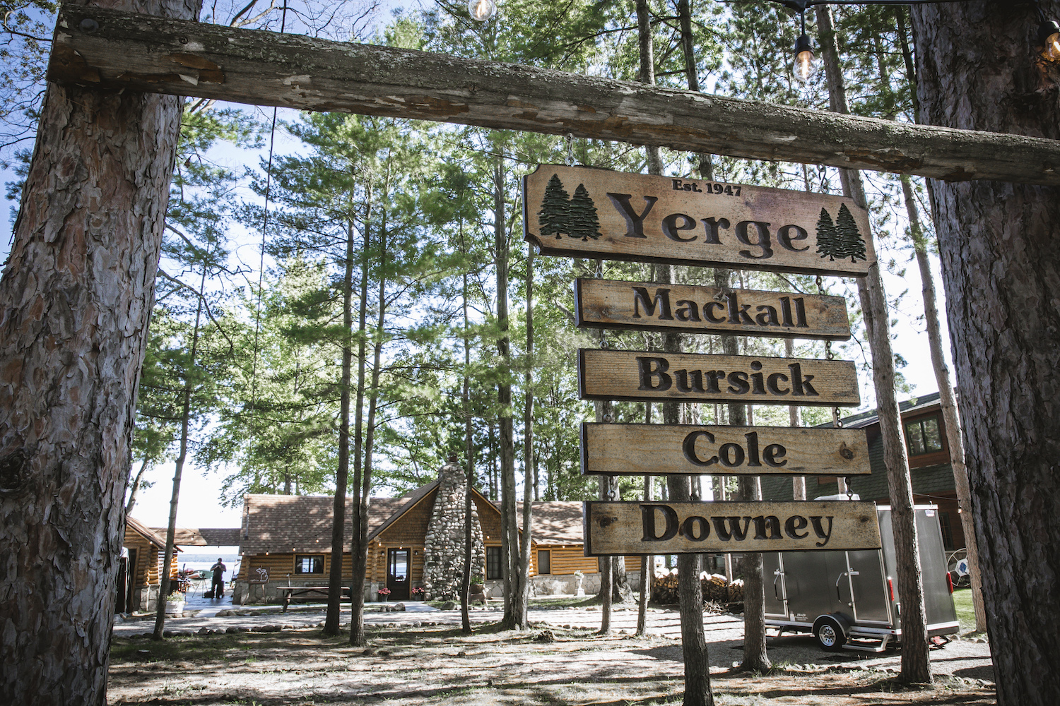 Cabin with sign out front