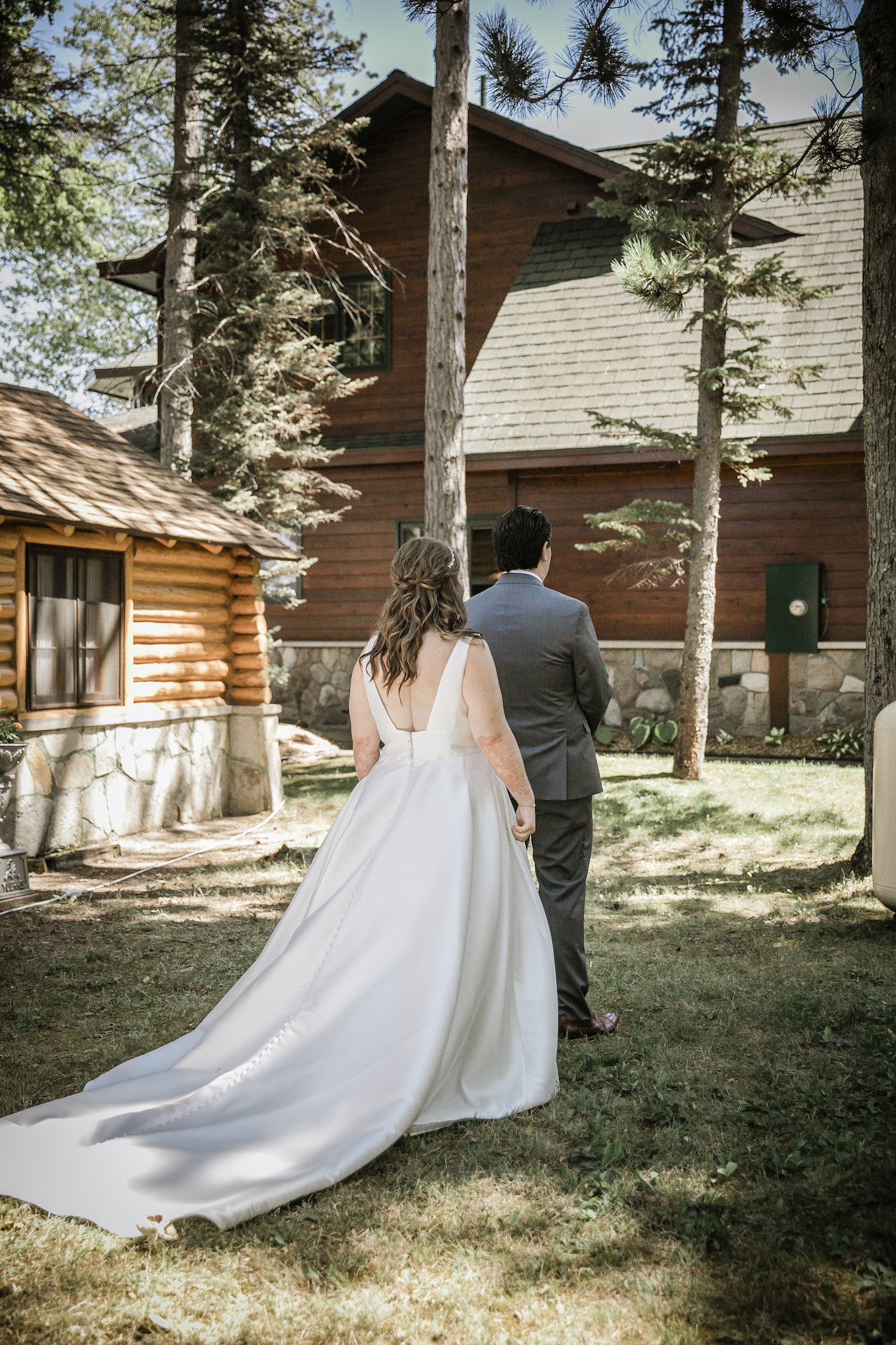 Back view of bride and groom