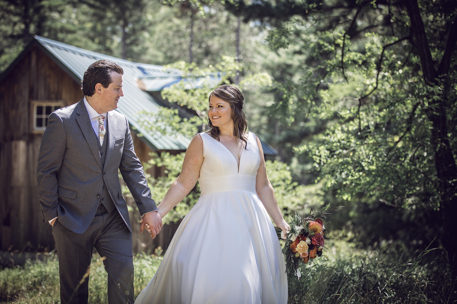 Bride and groom walking together