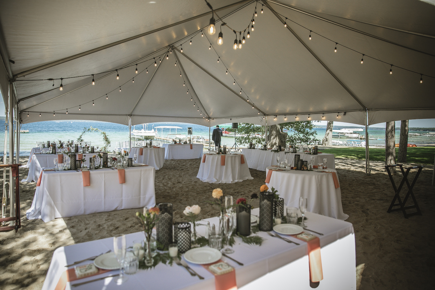 Higgins lake wedding reception tables and tent
