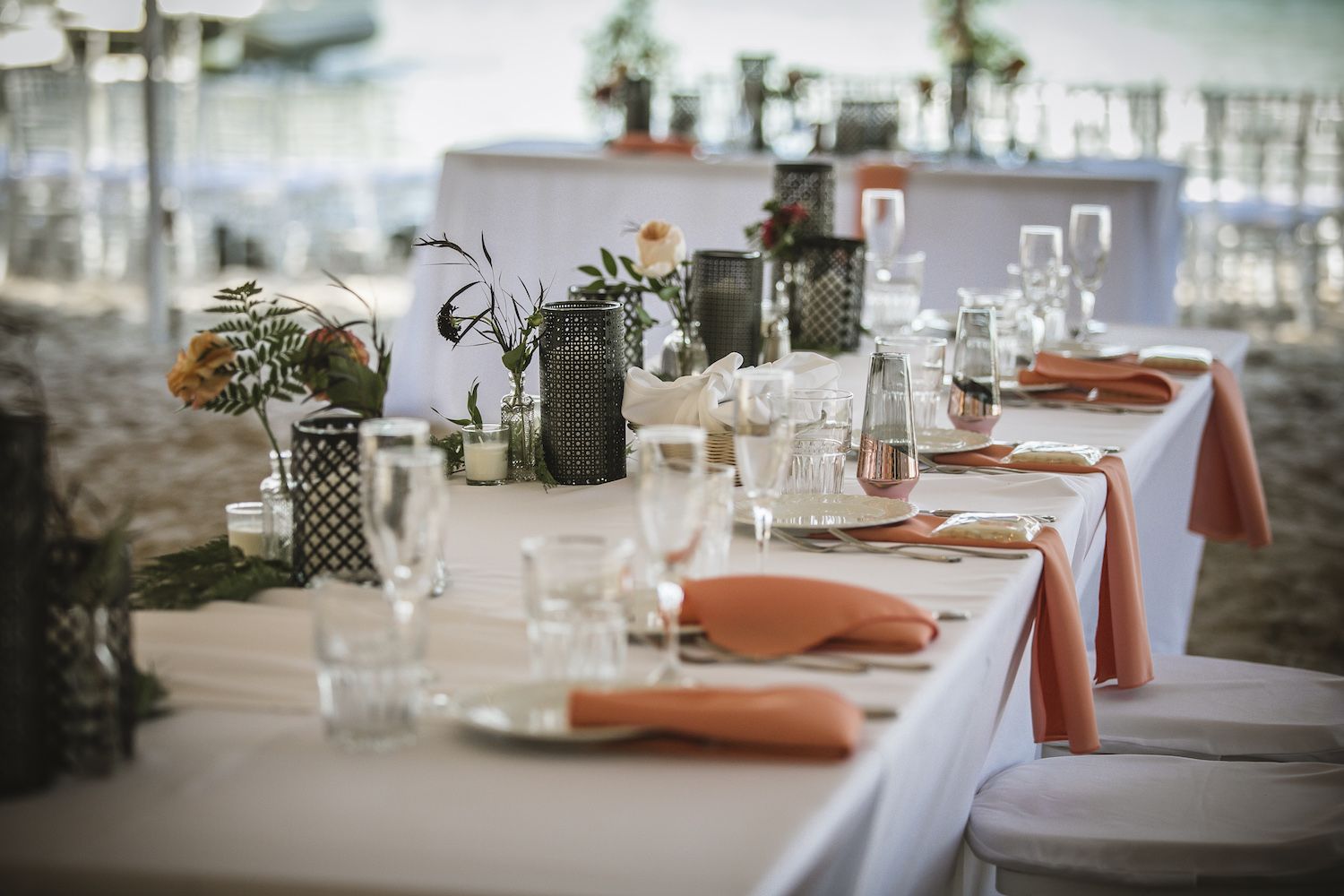 Table setup for Higgins Lake wedding