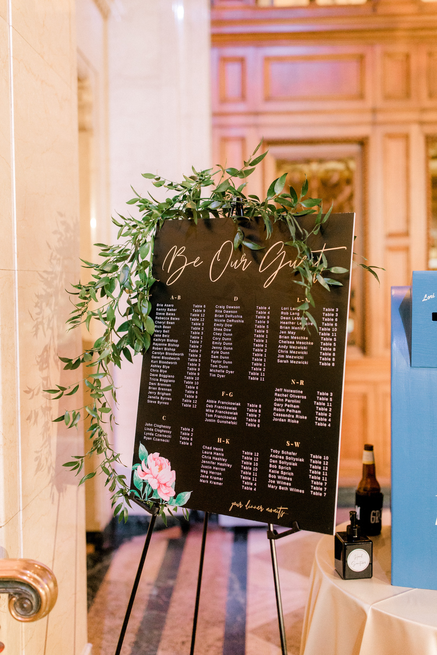 Table seating chart at City Flats Hotel wedding