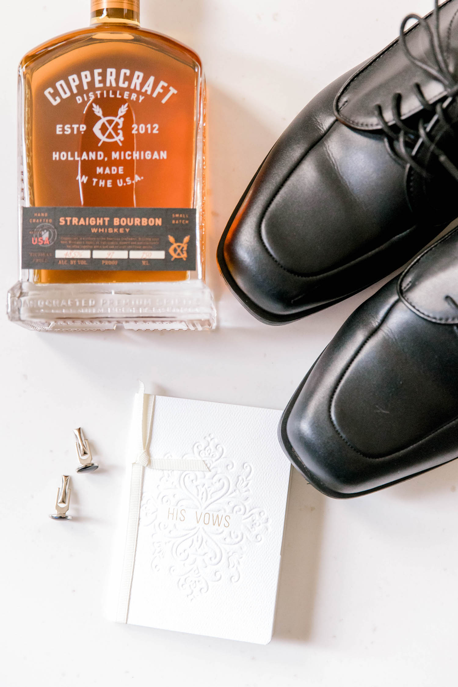 Grooms attire and whiskey for City Flats Hotel wedding