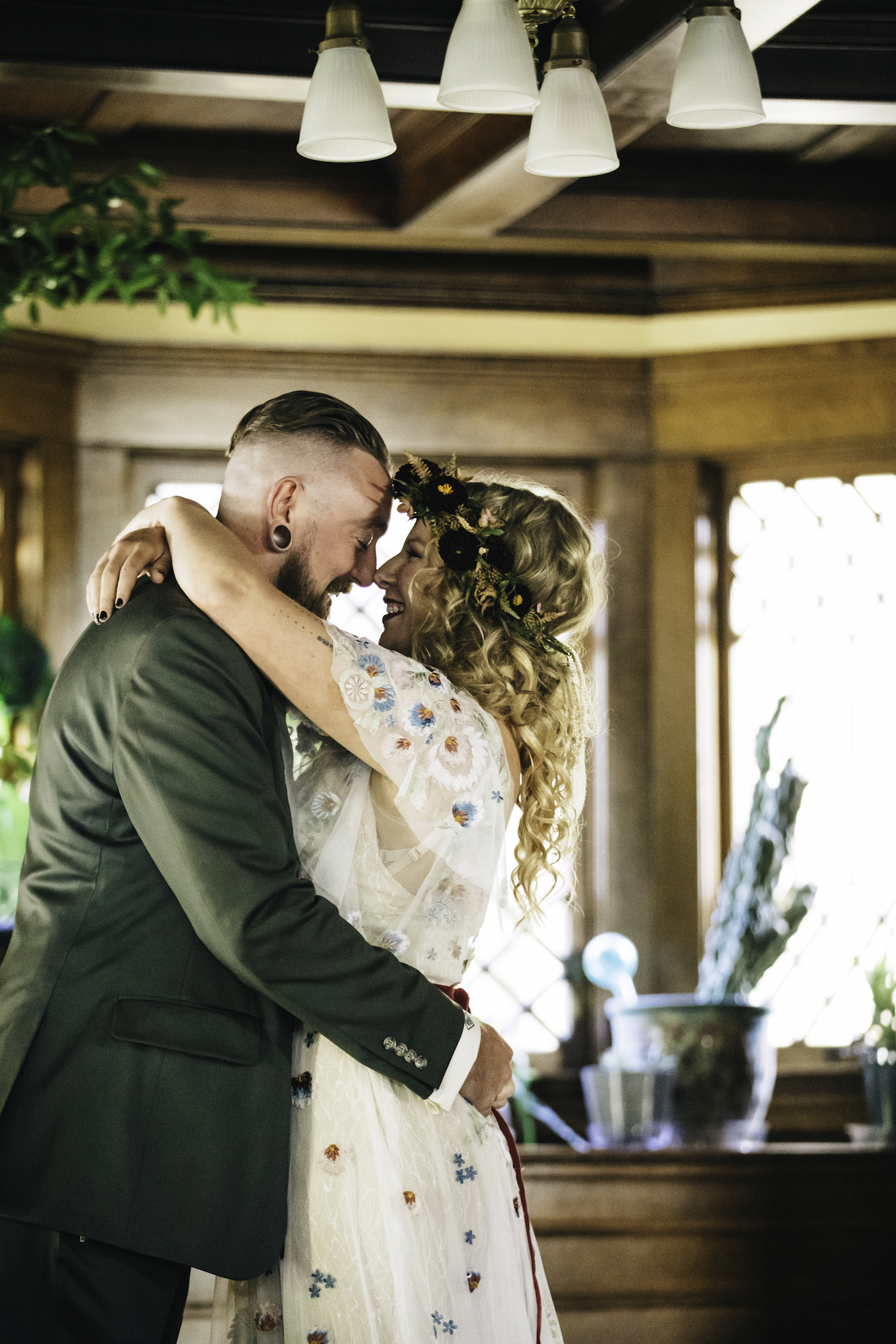 Bride and groom touching noses