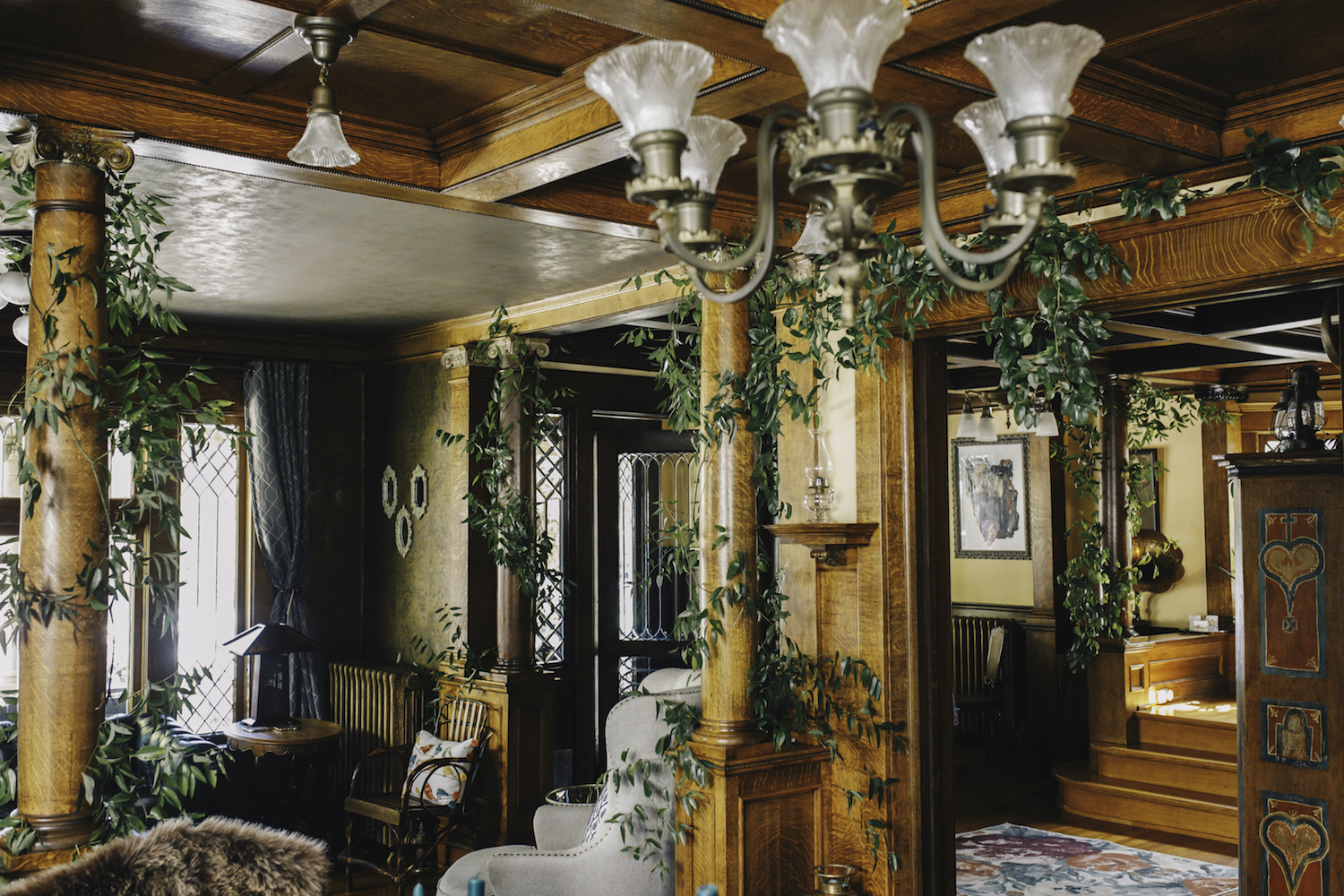 Greenery inside living room of Grand Rapids Backyard wedding