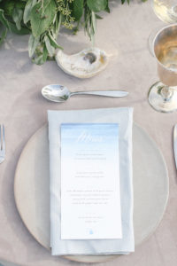 Blue water color table menu at South Haven, Michigan wedding