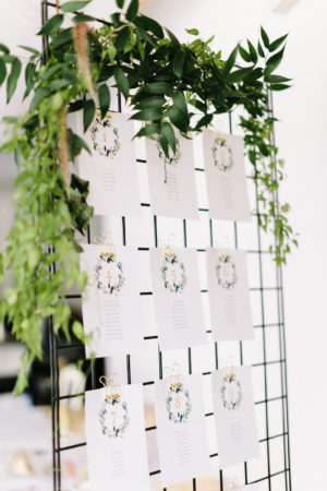 A industrial escort card display with wild greenery